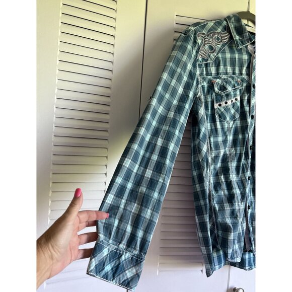 Austin Season Men's Medium Western Plaid Shirt With Embroidered Design Cowboy - Picture 3 of 7